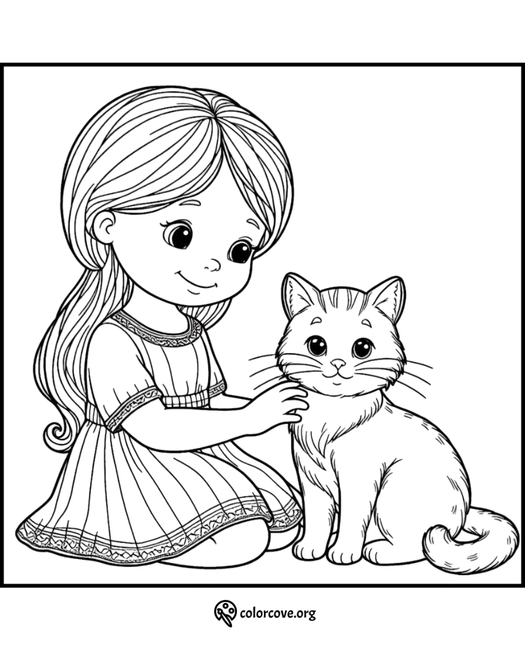 a cartoon of a girl petting a cat