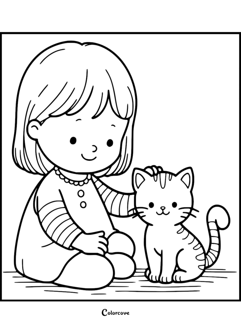 A young girl with a bob haircut wearing a striped shirt petting a small striped ginger cat in this printable coloring page.