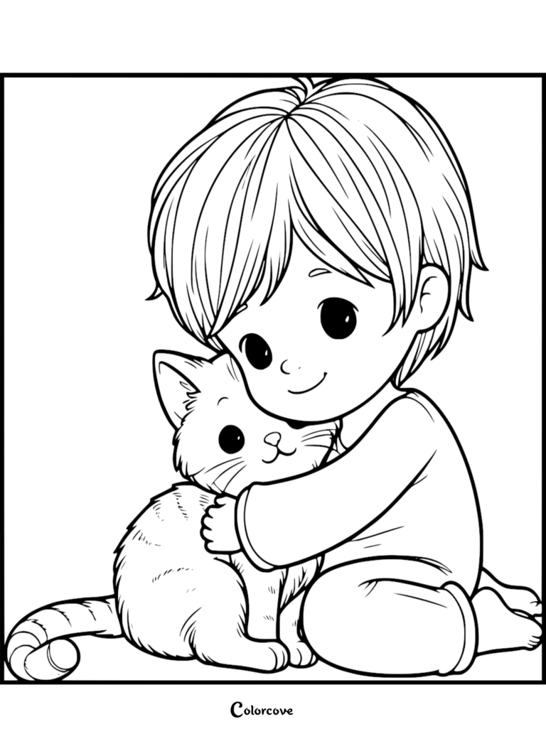 A young boy with short hair gently hugging a small ginger cat in this printable coloring page.