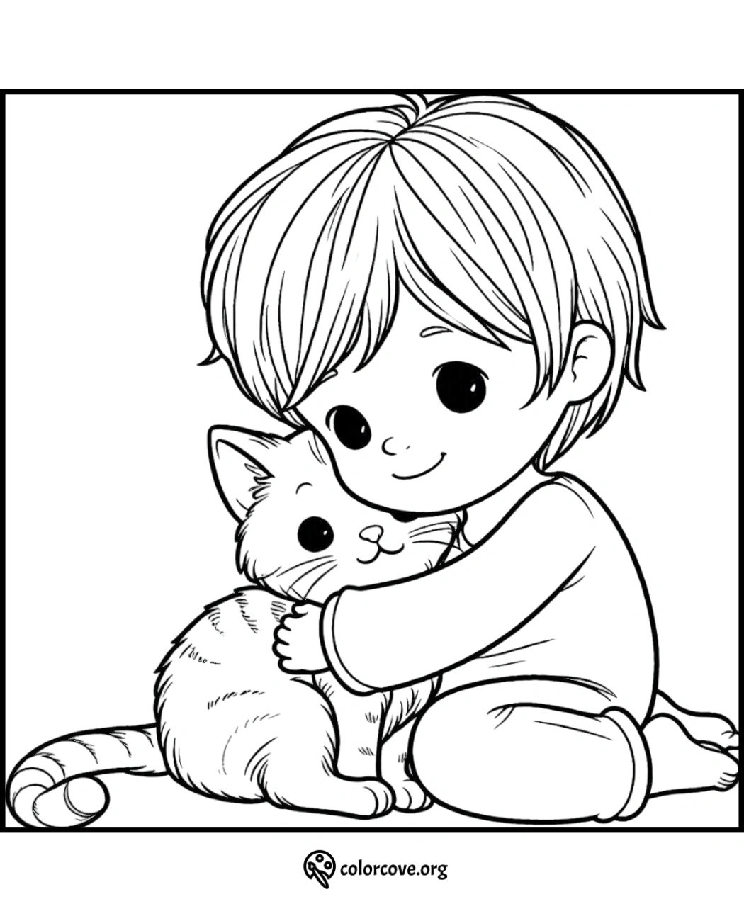 a cartoon of a boy hugging a cat