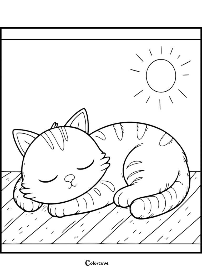 A cute ginger cat with stripes sleeping peacefully on a wooden floor under a bright sun, line art coloring page.