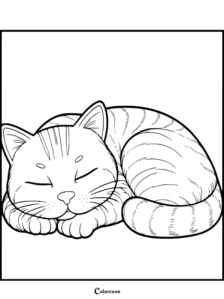 A cute ginger cat curled up in a ball sleeping, detailed line art coloring page for kids.