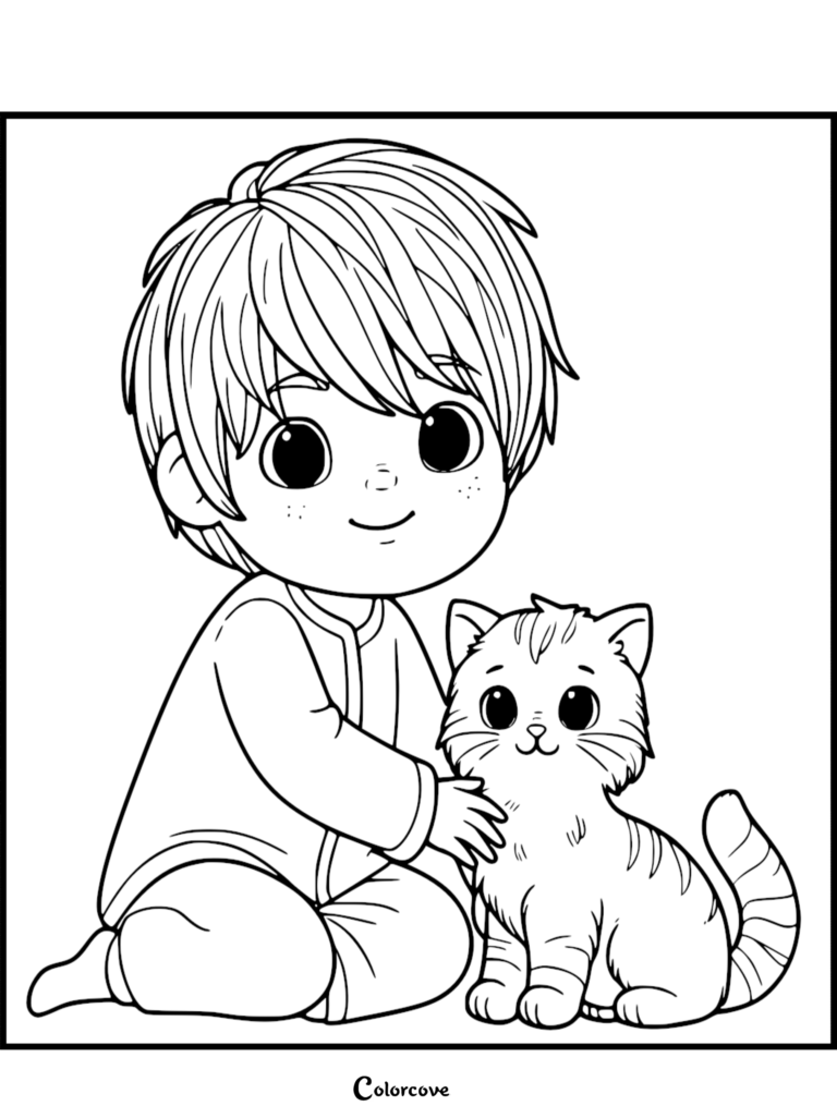A young boy with messy hair gently petting a small striped ginger cat in this printable coloring page.