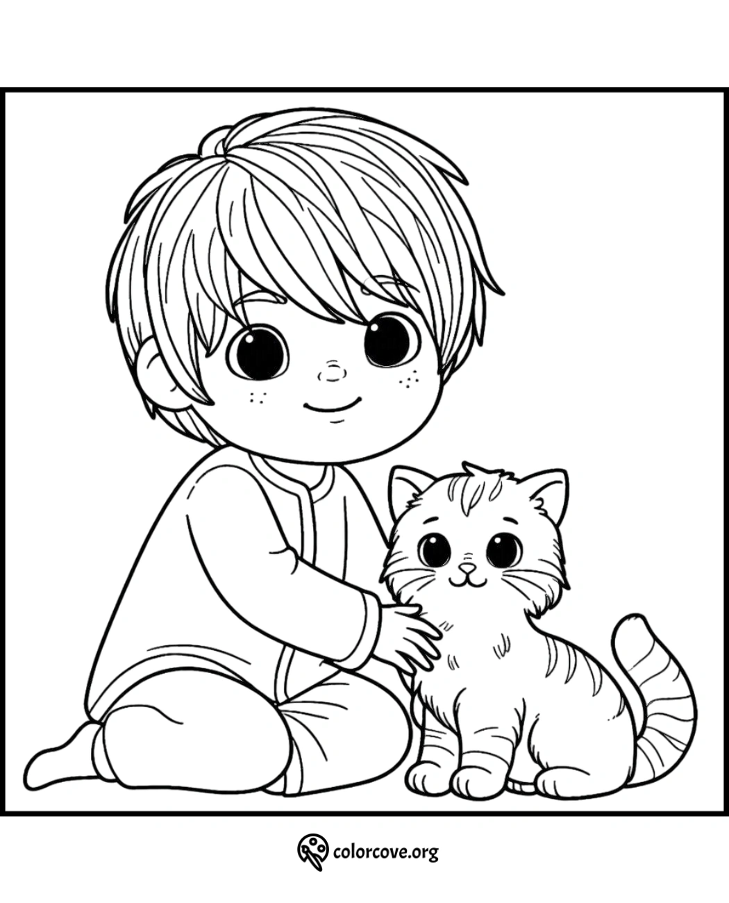 a cartoon of a boy petting a cat