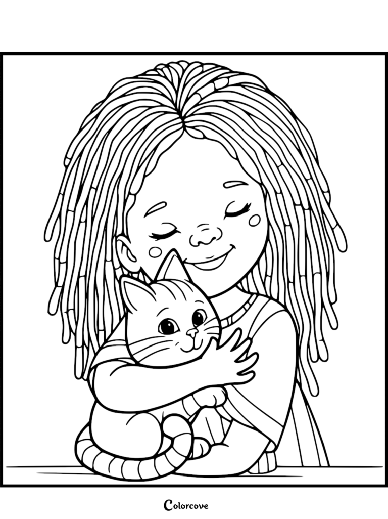 A girl with long dreadlocks smiling while hugging a striped ginger cat in this printable coloring page.