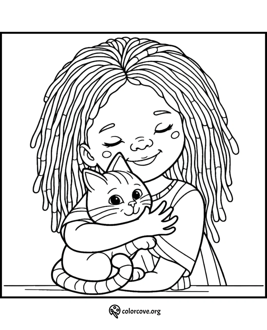 a cartoon girl hugging a cat