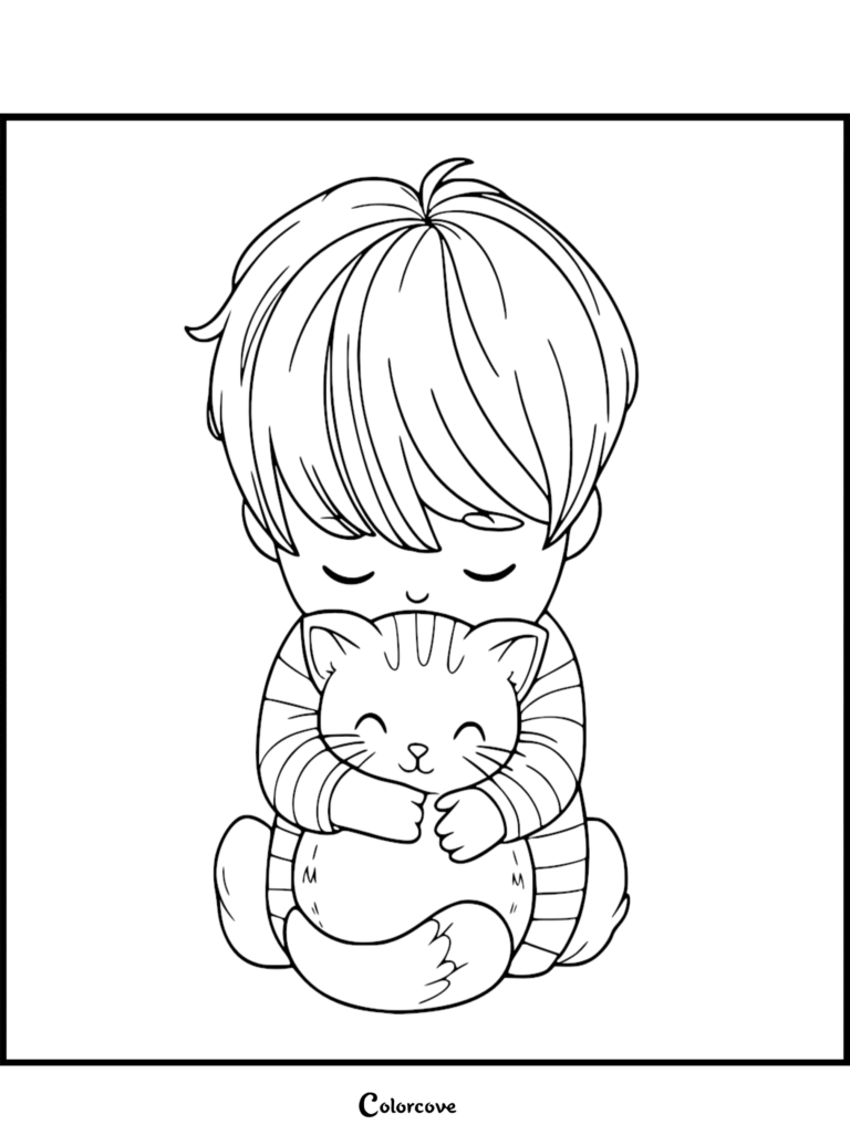 A cute boy with shaggy hair wearing a striped shirt hugging a small ginger cat, printable coloring page.