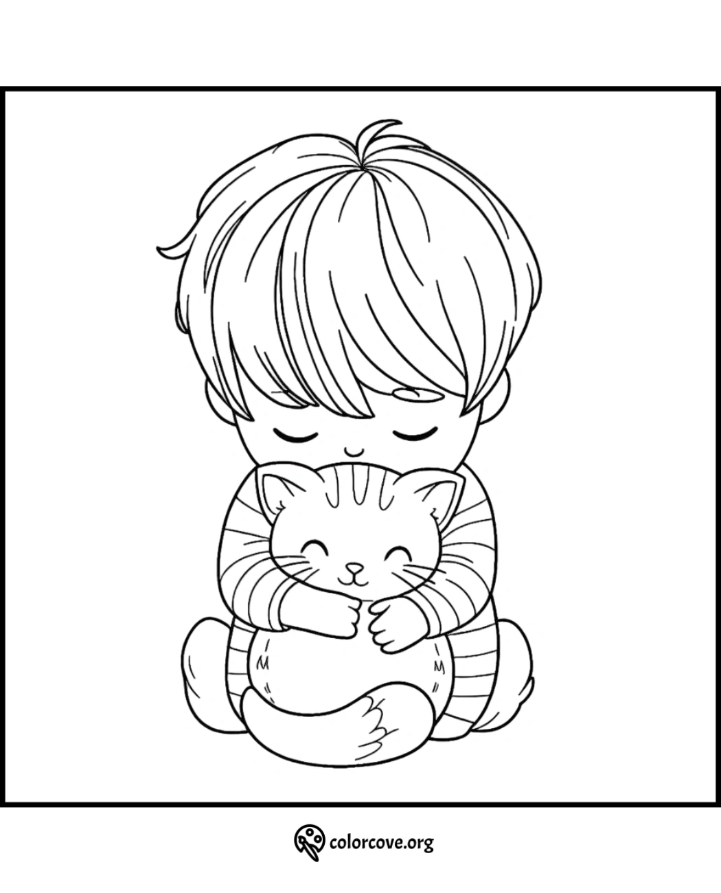 a cartoon of a boy hugging a cat