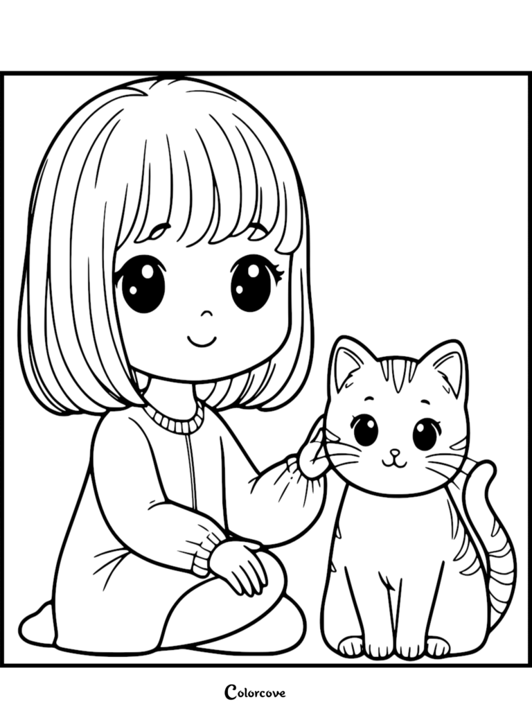 A cute chibi girl with a bob haircut petting a striped ginger cat in this printable coloring page.