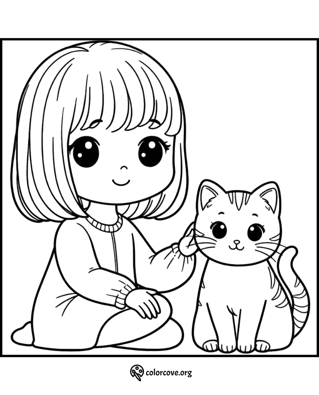 a cartoon of a girl petting a cat