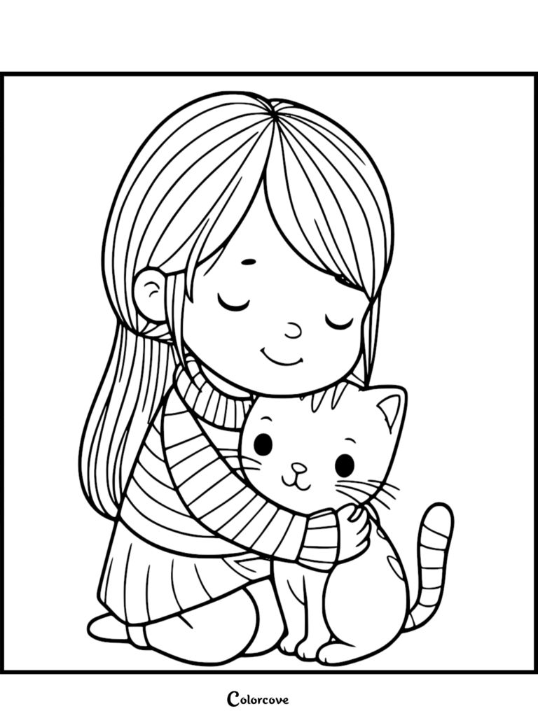 A young girl with long hair wearing a striped sweater hugging a small ginger cat in this printable coloring page.