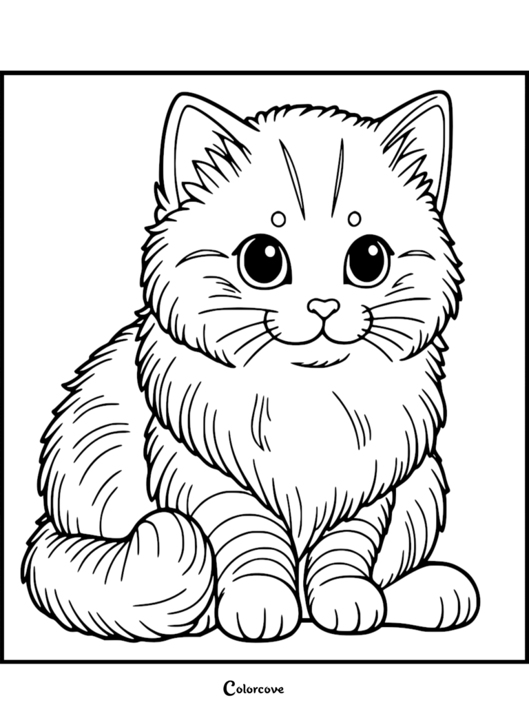 A fluffy ginger cat with large eyes and striped legs sitting in a simple line art coloring page style.