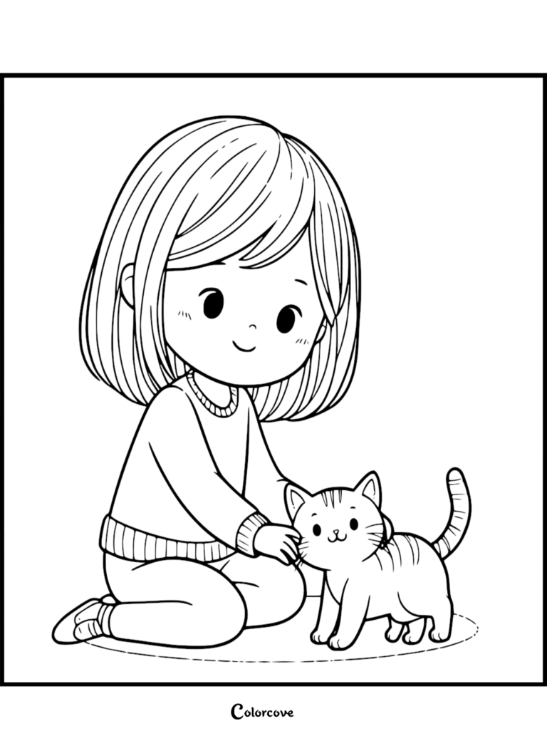 A cute girl with a bob haircut kneeling and petting a small striped ginger cat in this printable coloring page.
