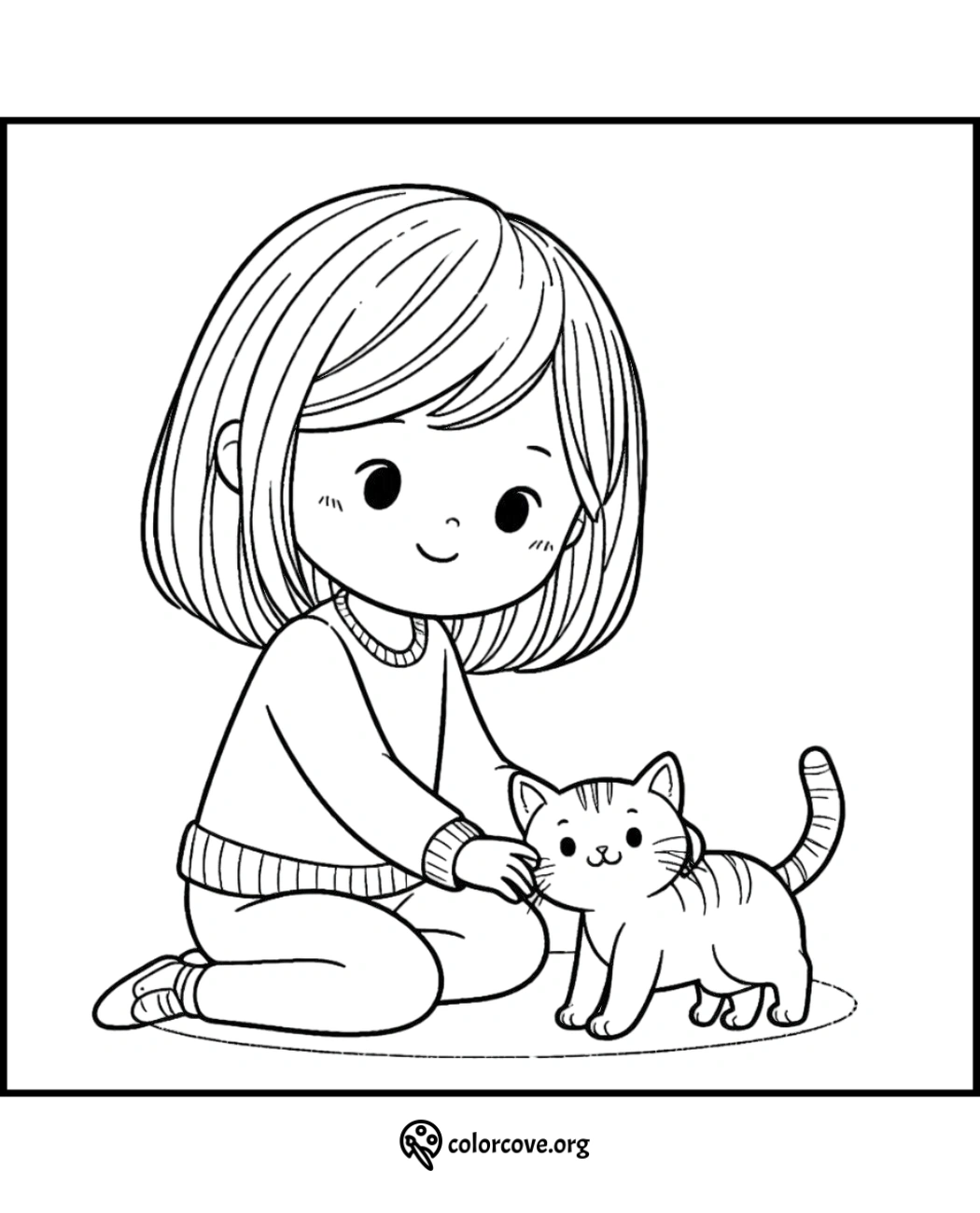 a cartoon of a girl petting a cat