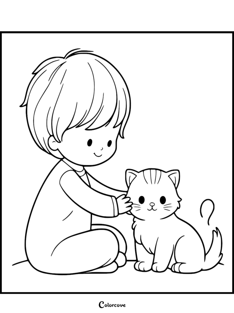 A young boy with short hair sitting on the floor and gently petting a small ginger cat in this printable coloring page.