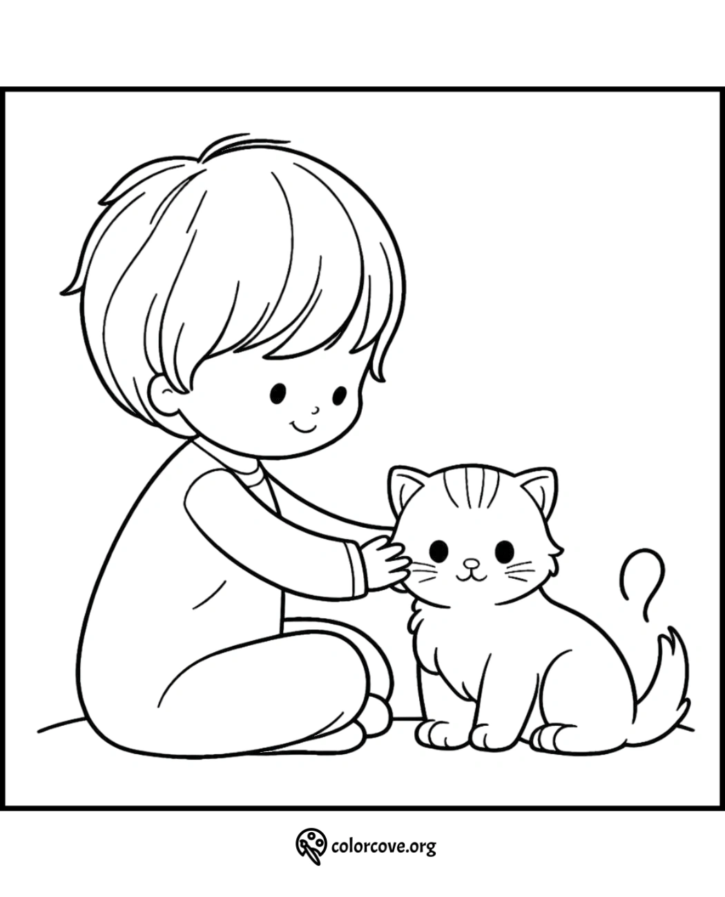 a cartoon of a boy petting a cat