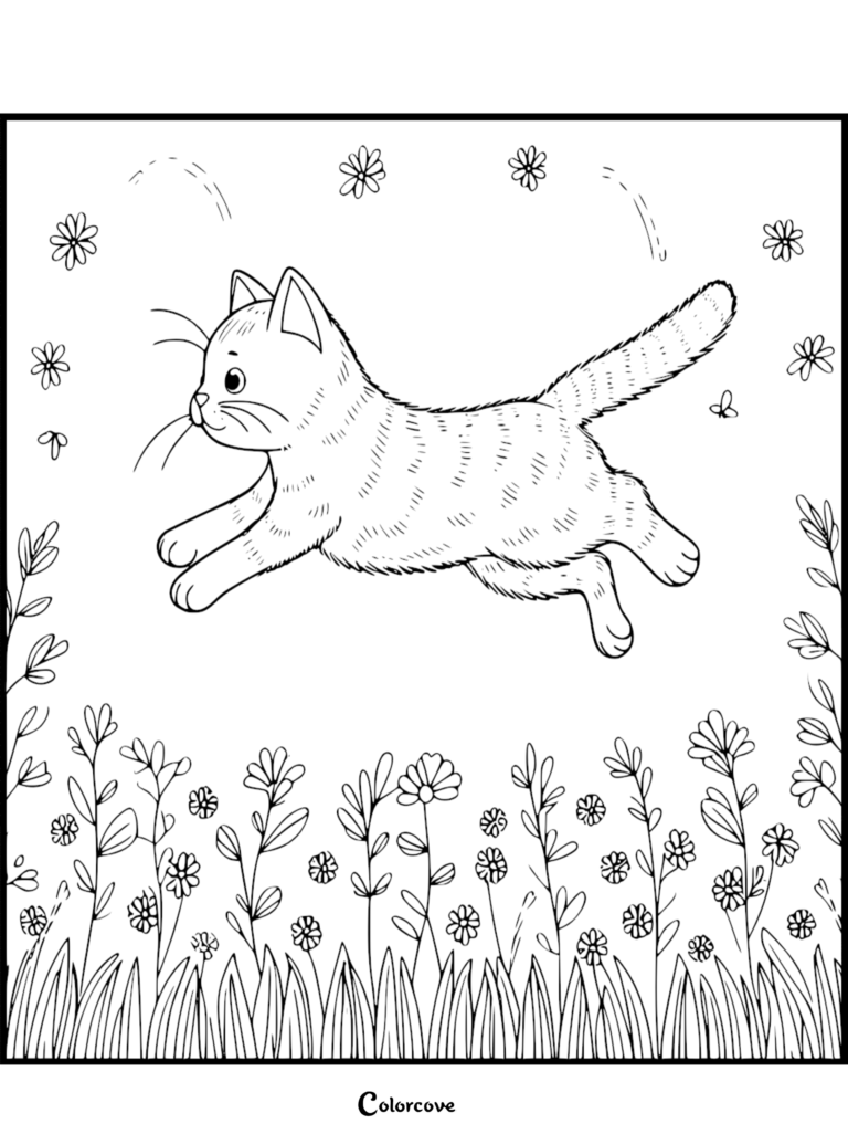 A cute ginger cat leaping through the air above a field of wildflowers in this printable coloring page.