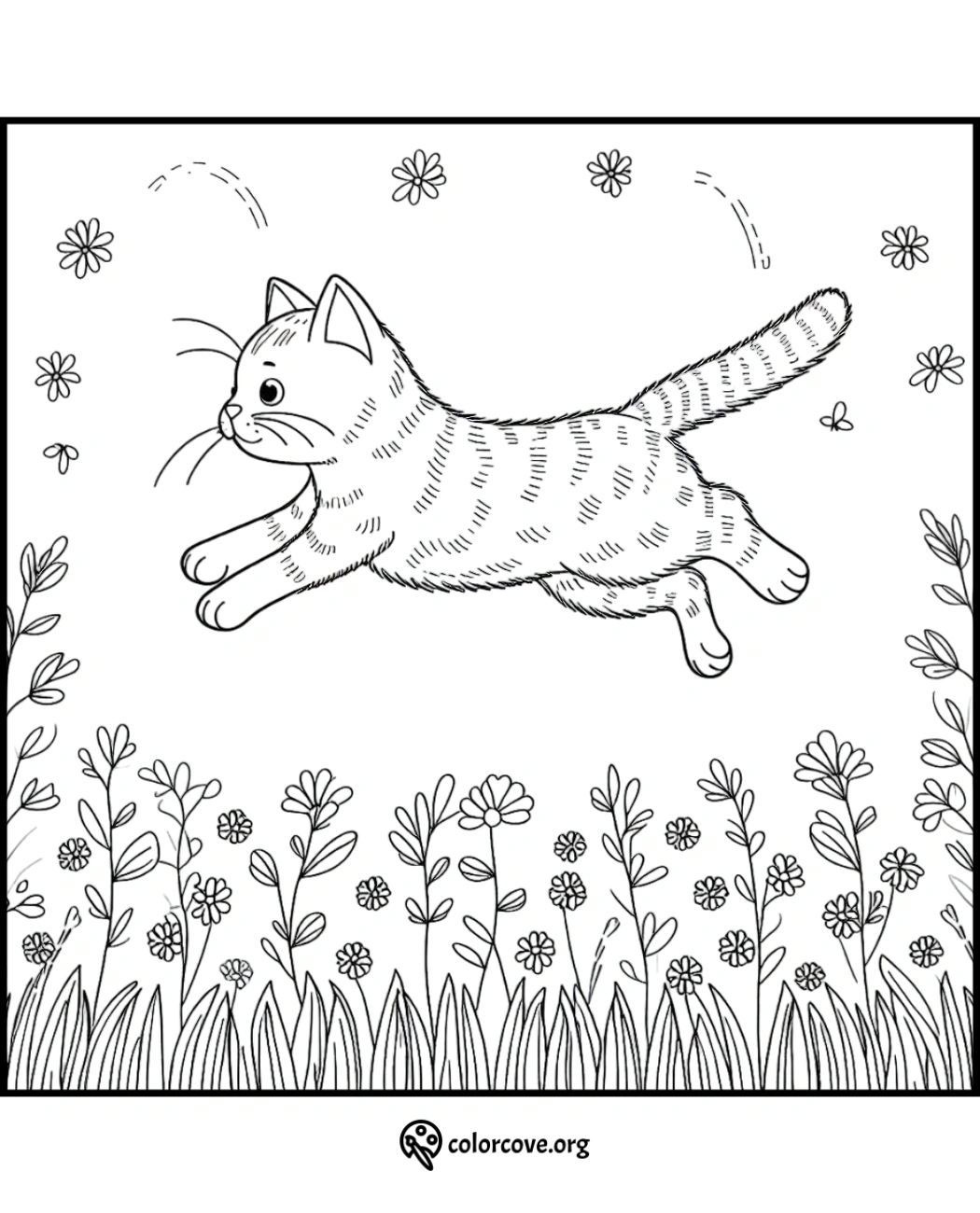 a cat running in a field of flowers