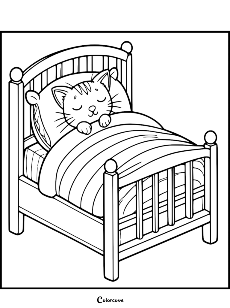 A cute ginger cat sleeping peacefully in a wooden bed, printable coloring page with thick outlines.