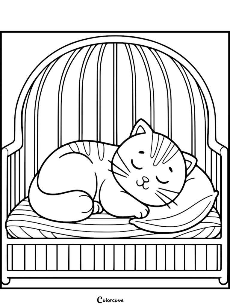 A cute ginger cat with striped markings sleeping peacefully on a small pillow inside a decorative birdcage, line art coloring page.