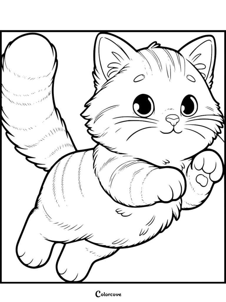 A cute ginger cat leaping through the air in this printable coloring page with striped fur and large expressive eyes.