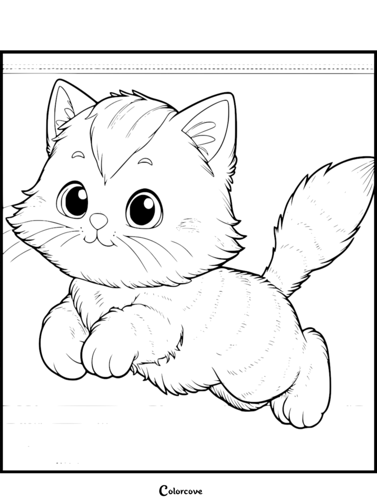 A cute fluffy ginger cat pouncing forward with large expressive eyes in this printable coloring page.