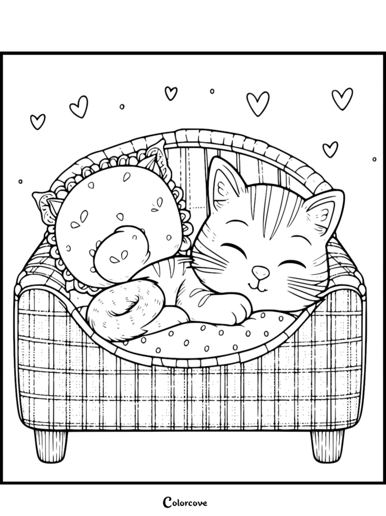 A cute ginger cat sleeping in a plaid armchair next to a burger-shaped plush toy, surrounded by floating hearts in this printable coloring page.