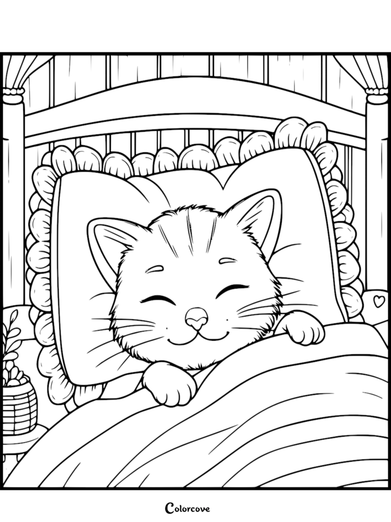 A cute ginger cat sleeping peacefully on a ruffled pillow in a bed, line art coloring page.