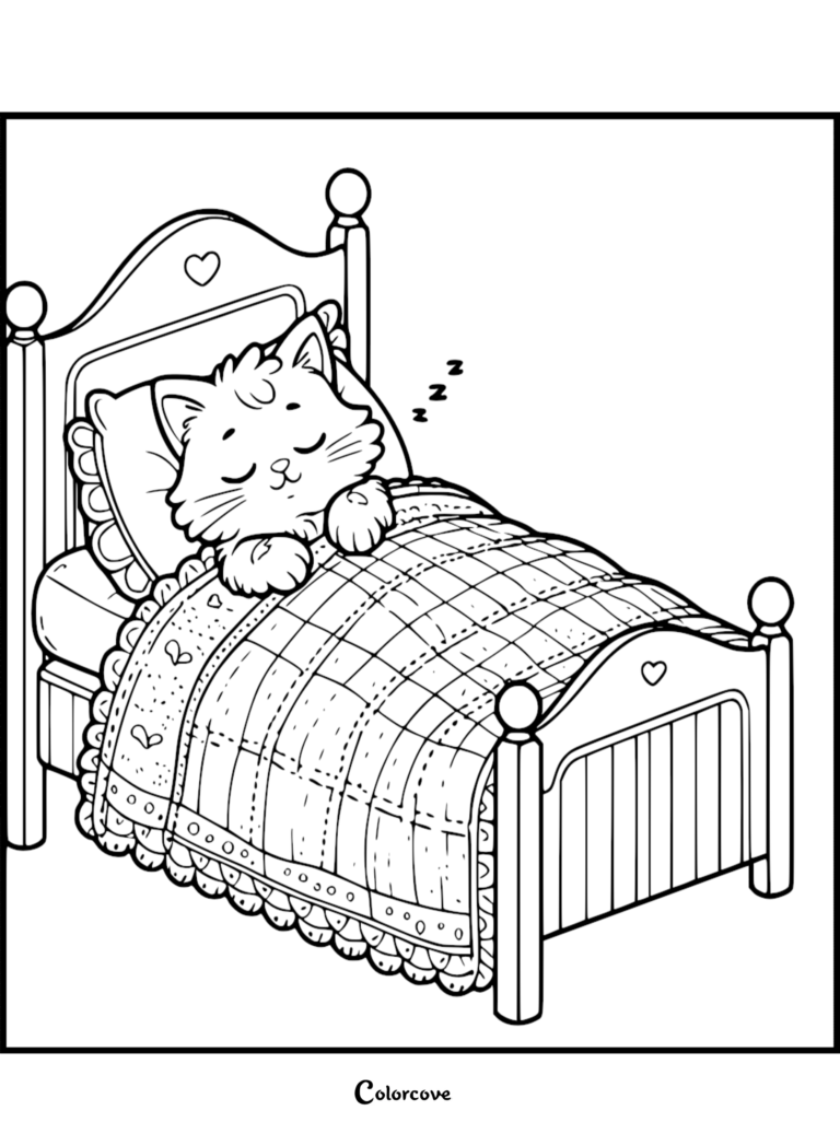 A cute ginger cat sleeping peacefully under a quilted blanket in a wooden bed, coloring page style line art.