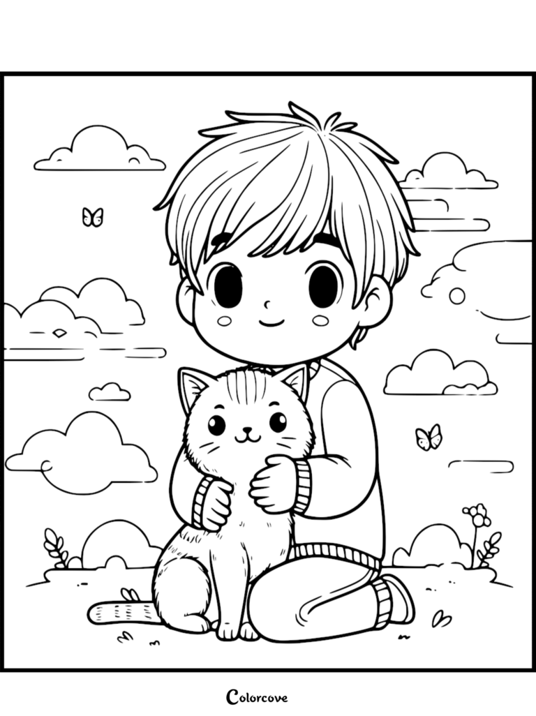 A cute boy with messy hair kneeling in a grassy field while hugging a small ginger cat, coloring page style with clouds and butterflies in the background.