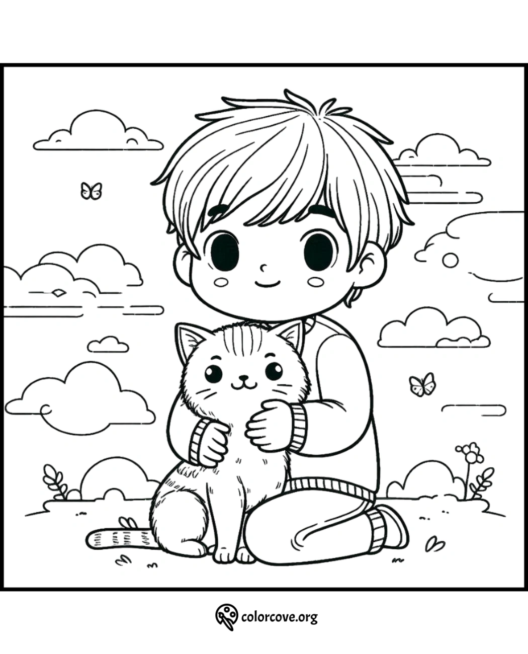 a cartoon of a boy holding a cat