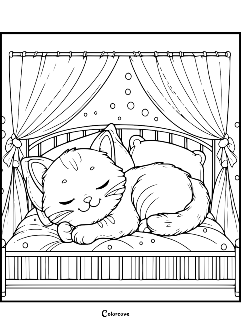 A cute ginger cat sleeping peacefully on a cozy bed with curtains in the background, line art coloring page.