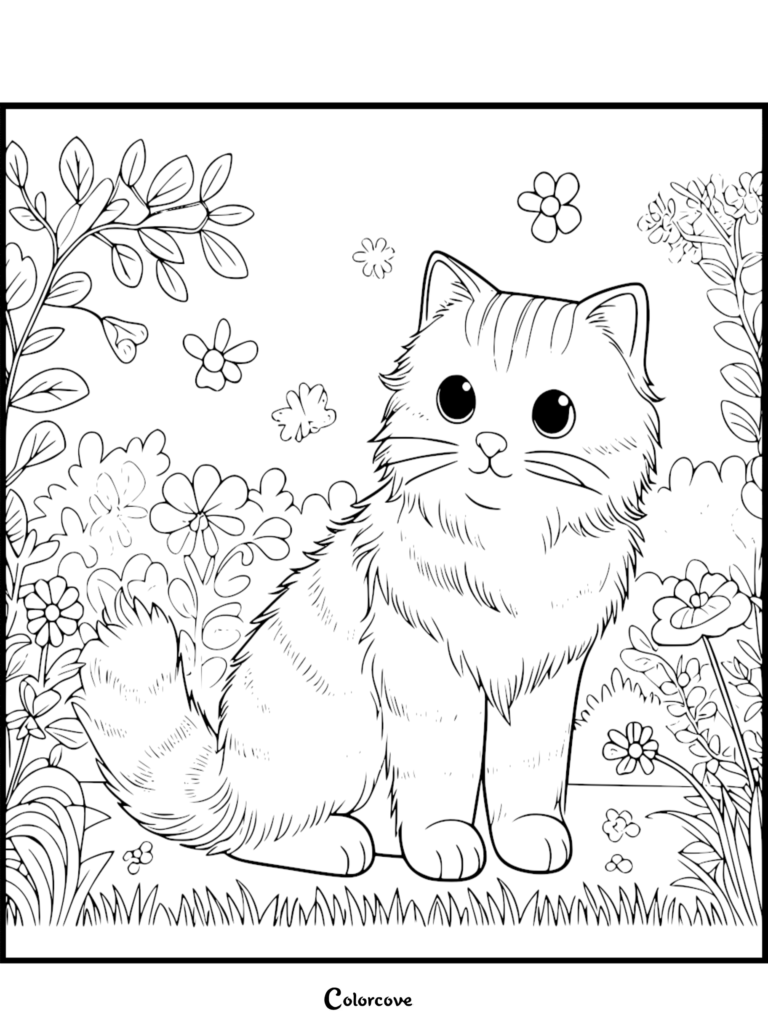A fluffy ginger cat sitting in a garden with flowers and foliage, detailed line art coloring page.