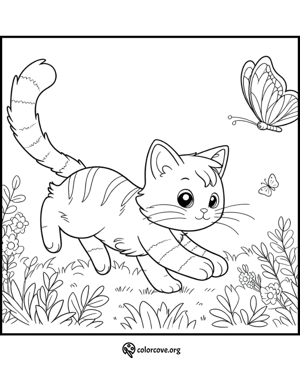 a coloring page of a cat and a butterfly