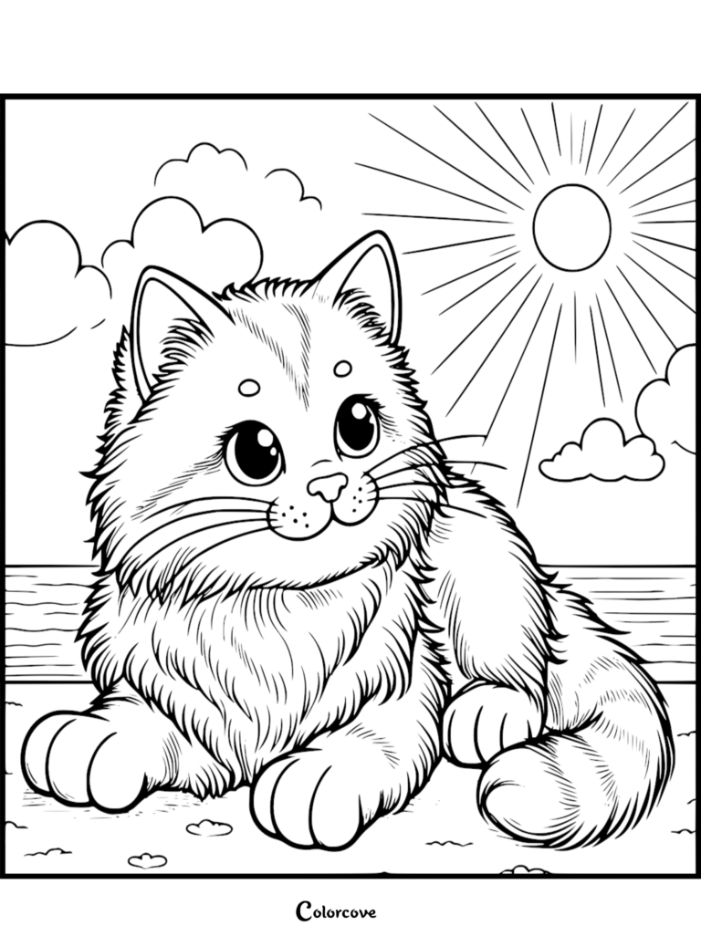 A fluffy ginger cat sitting on a sandy beach under a bright sun and clouds in this printable coloring page.