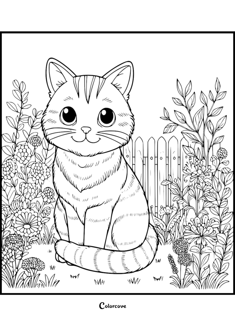 A cute ginger cat with large eyes sitting in a flower garden with a picket fence in this printable coloring page.