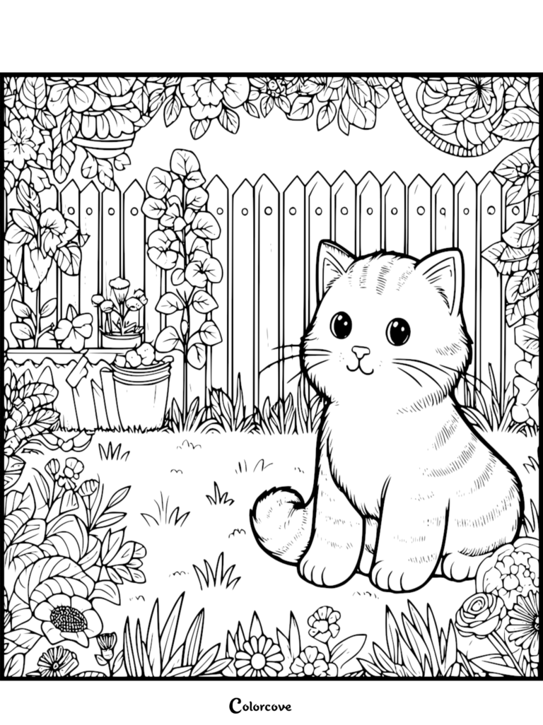 A cute ginger cat sitting in a lush flower garden in front of a wooden picket fence, detailed line art coloring page.