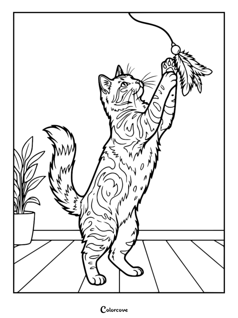 A ginger tabby cat standing on hind legs to bat at a hanging feather toy in a room with a potted plant, line art coloring page.
