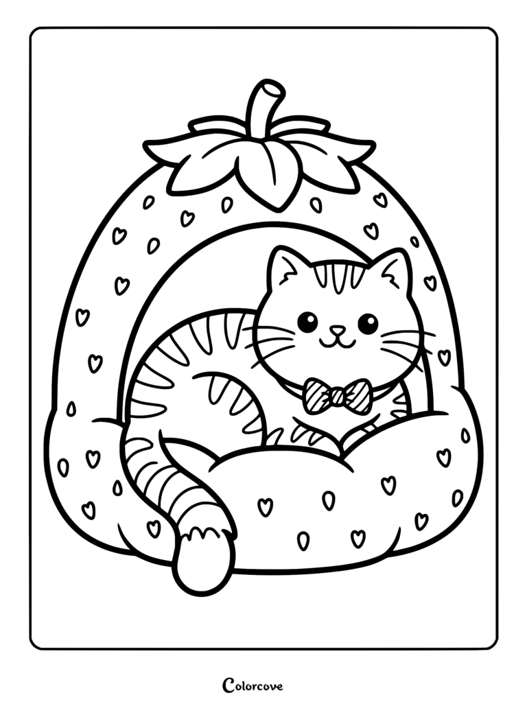 A cute ginger cat with a bow tie resting inside a strawberry-shaped pet bed, line art coloring page.