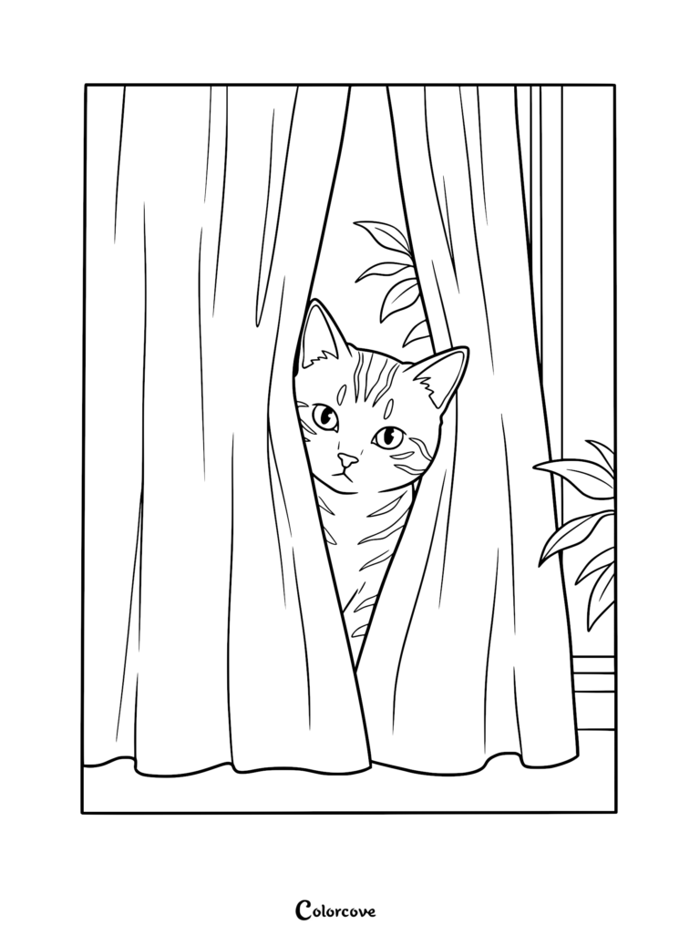 A ginger tabby cat peeking through a gap in window curtains, printable coloring page.