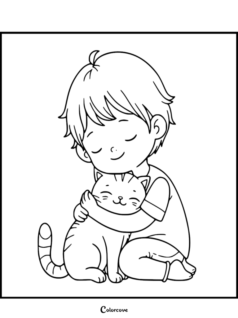 A young boy with short hair gently hugging a happy striped ginger cat in this printable coloring page.