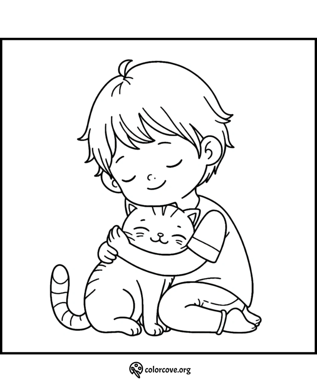 a drawing of a boy hugging a cat