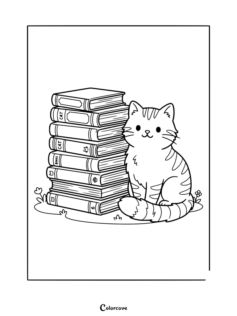 A cute ginger cat sitting next to a tall stack of books in this printable coloring page.