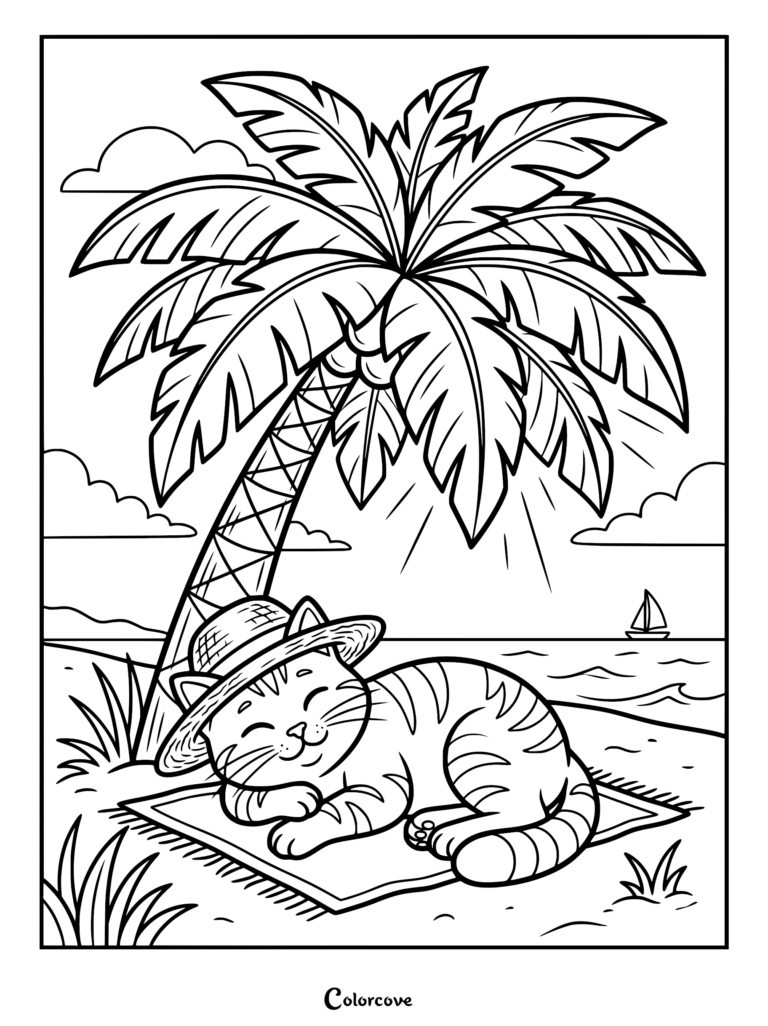 A cute ginger cat wearing a straw hat sleeping on a beach towel under a palm tree, printable coloring page.