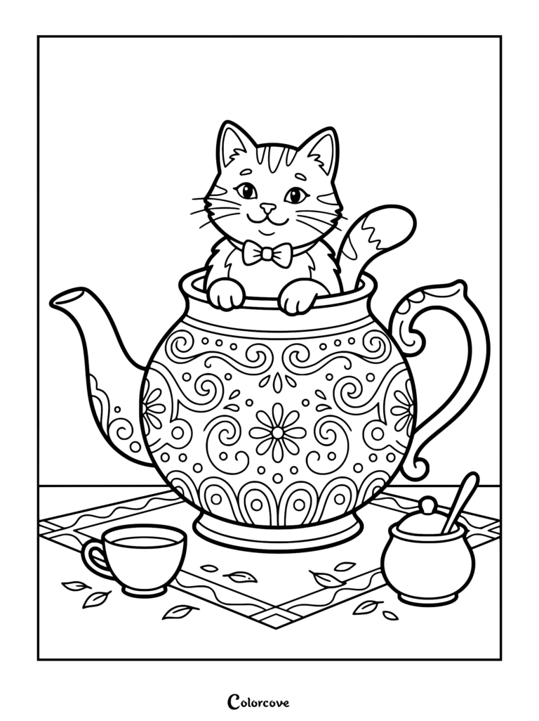 A cute ginger cat wearing a bow tie sitting inside an ornate floral patterned teapot on a table with a teacup and sugar bowl coloring page.
