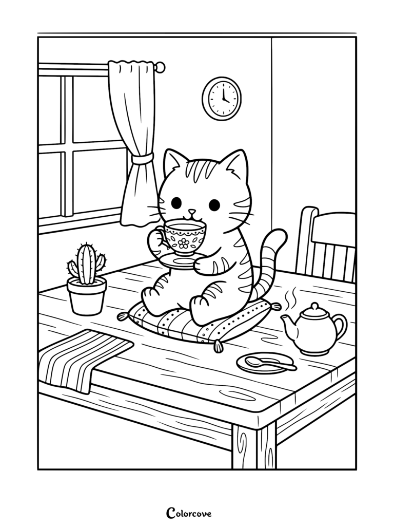 A cute ginger cat sitting on a cushion on a wooden table drinking tea from a floral cup, coloring page style.