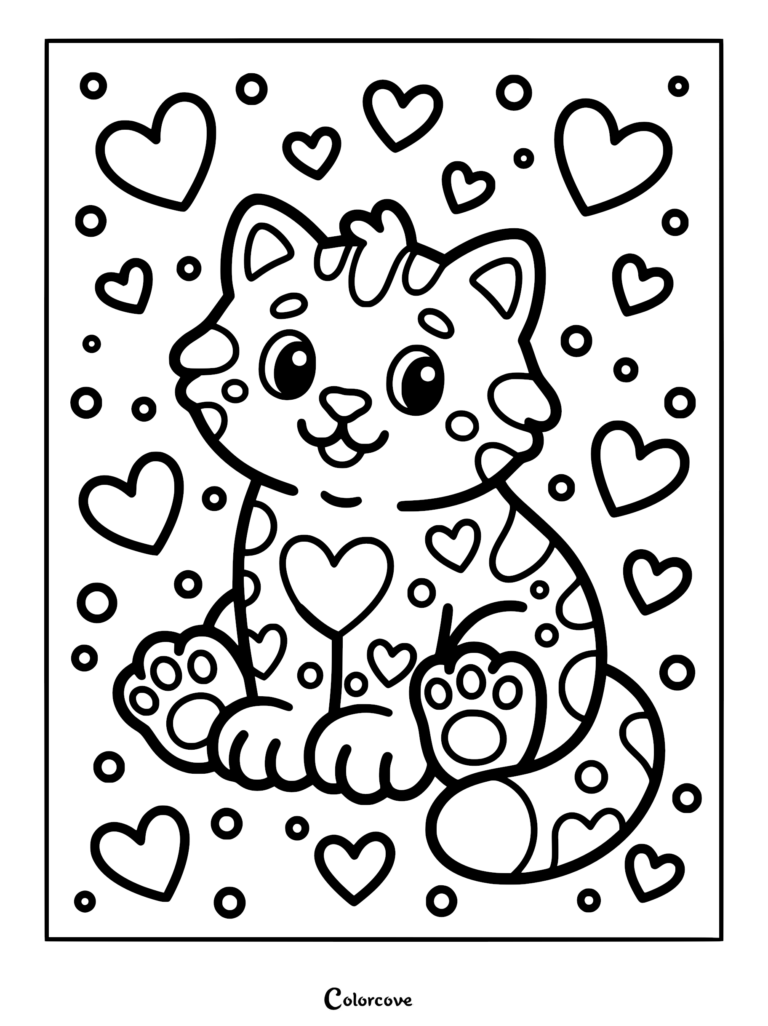 A cute ginger cat coloring page featuring a kitten with heart-shaped spots surrounded by floating hearts and bubbles.