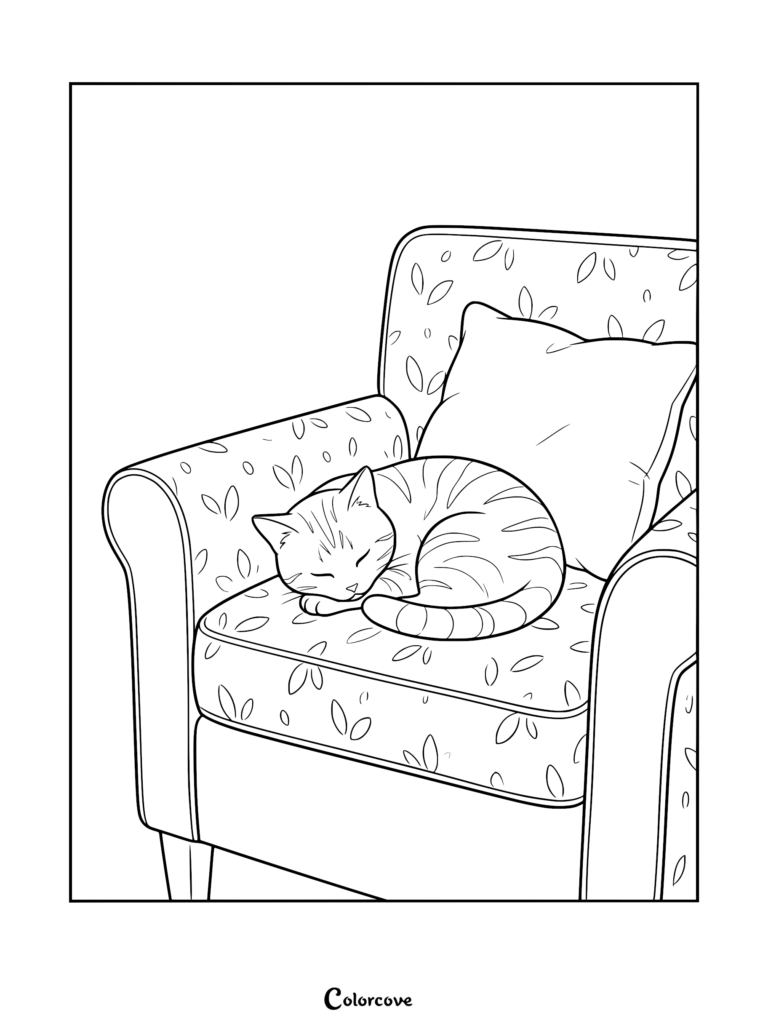 A striped ginger cat curled up asleep on a floral patterned armchair in this printable coloring page.