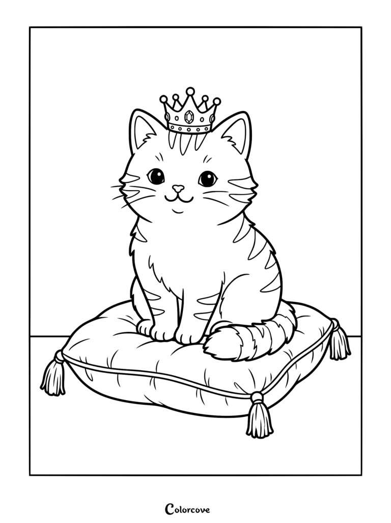 A cute ginger cat wearing a jeweled crown sitting on a tasseled pillow in this printable coloring page.