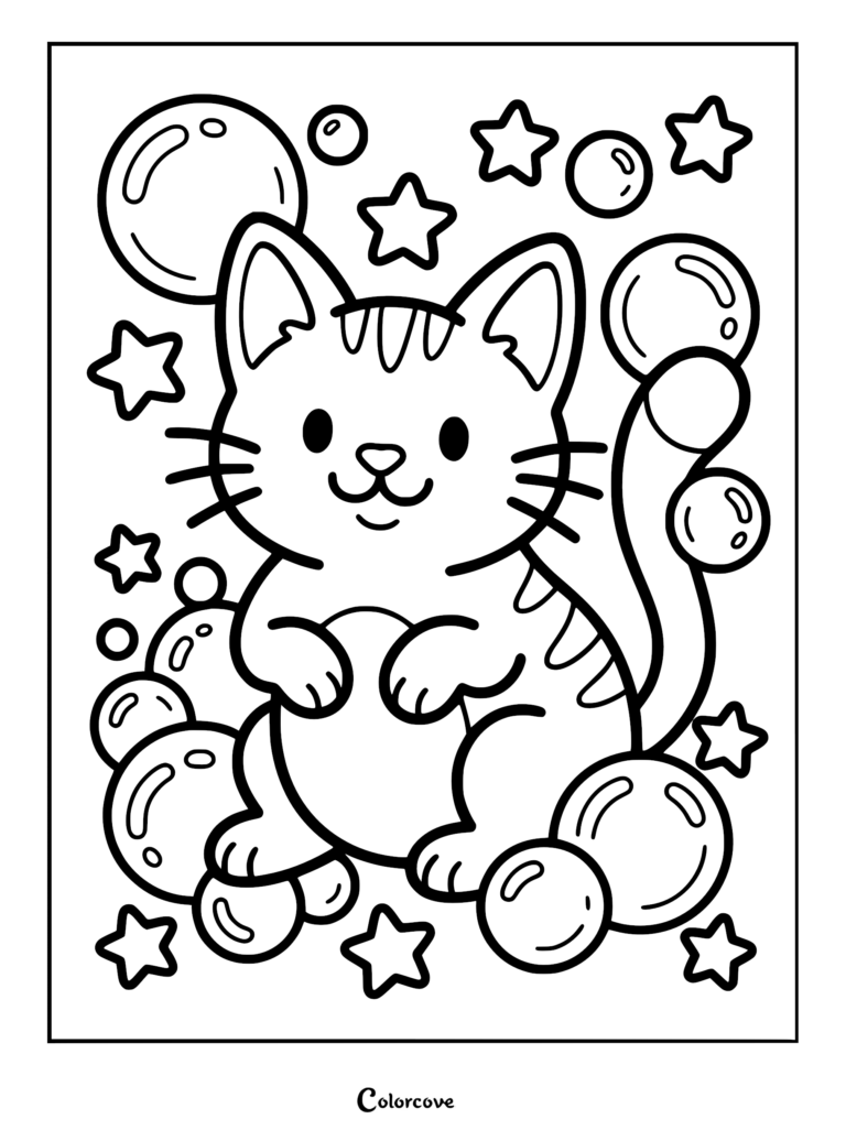 A cute ginger cat surrounded by floating bubbles and stars in this printable coloring page.